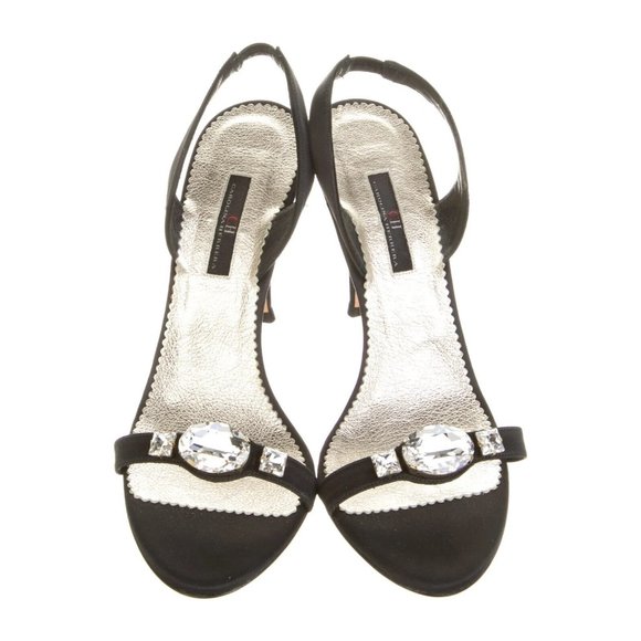 Carolina Herrera Black Satin Crystal High Heel Slingbacks Designer Sandals 8.M - Picture 1 of 10